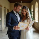 Couple de futurs mariés consultant un grand carnet de planification de mariage dans un couloir de château élégant