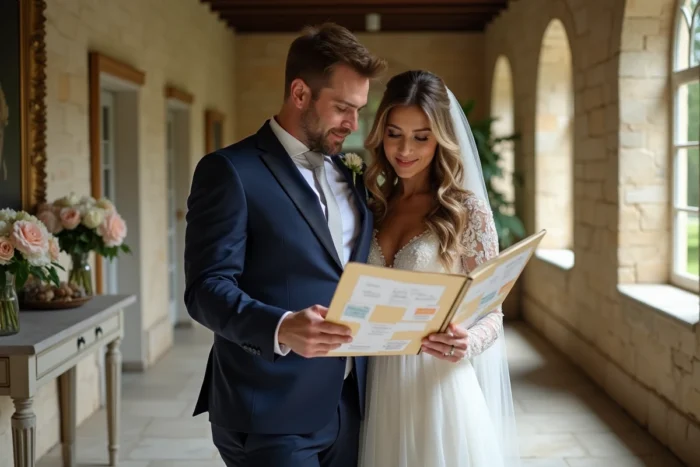 Couple de futurs mariés consultant un grand carnet de planification de mariage dans un couloir de château élégant
