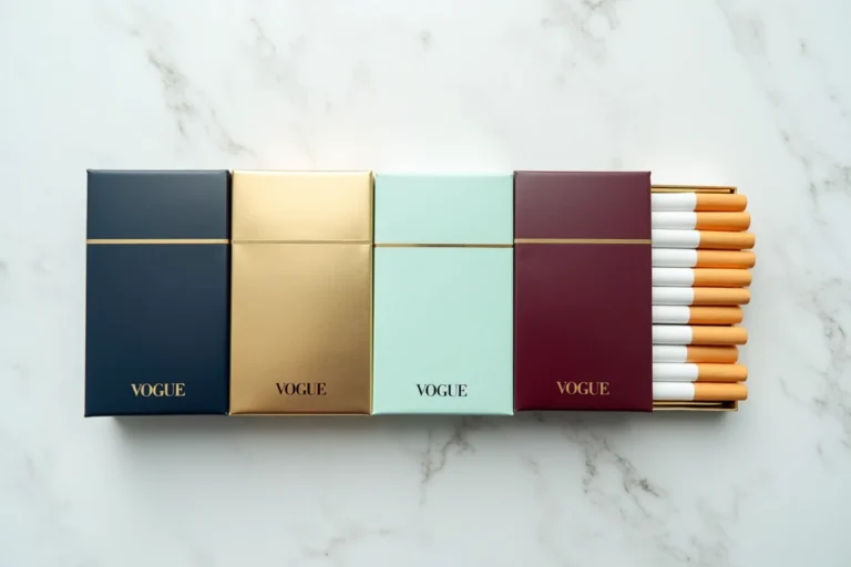 Rangée de paquets de cigarettes Vogue de différentes couleurs sur marbre blanc, vue de dessus