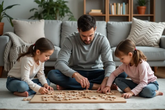 Père jouant avec ses deux filles sur un tapis de salon lors d'un moment de jeu en famille bienveillant