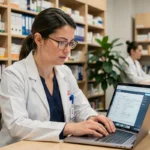 Pharmacienne consultant des ressources professionnelles en ligne sur son ordinateur portable dans un bureau de pharmacie