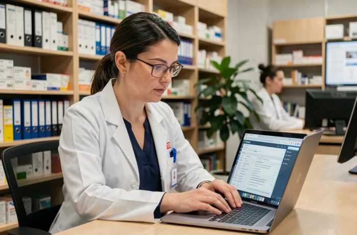 Pharmacienne consultant des ressources professionnelles en ligne sur son ordinateur portable dans un bureau de pharmacie