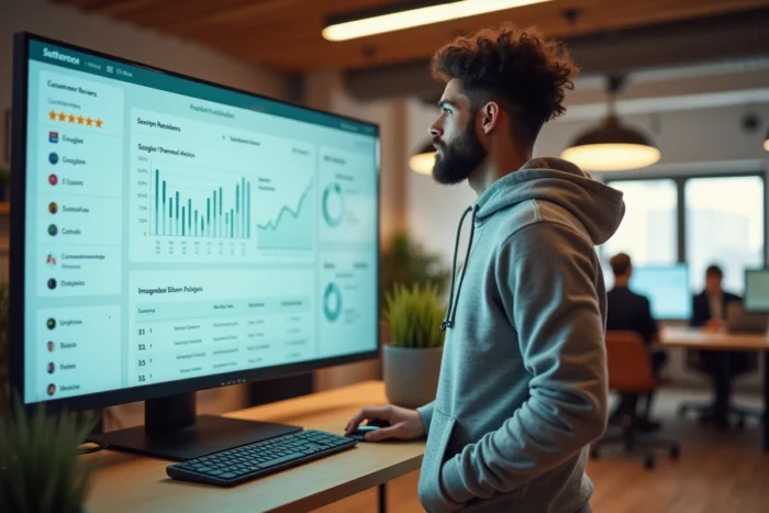 Un chef de produit présentant une plateforme SaaS de gestion des avis clients multi-canaux dans un bureau de startup moderne