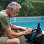 Homme inspectant la pompe de piscine sous la pluie dans un jardin résidentiel