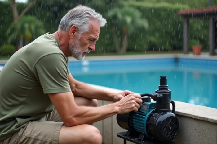 Homme inspectant la pompe de piscine sous la pluie dans un jardin résidentiel