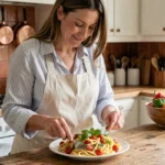 Femme préparant un plat de pâtes maison coloré dans une cuisine rustique chaleureuse