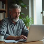 Homme d'une quarantaine d'années consultant son ordinateur portable pour résoudre un problème de connexion à Justice Parloir via FranceConnect