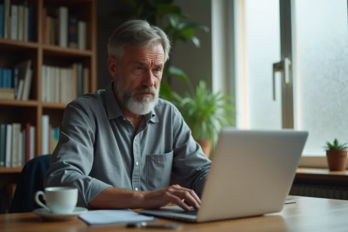 Homme d'une quarantaine d'années consultant son ordinateur portable pour résoudre un problème de connexion à Justice Parloir via FranceConnect