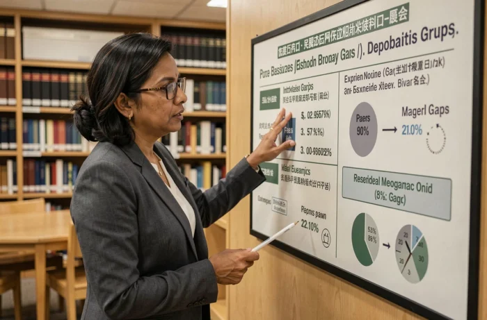 Femme professeure expliquant des données statistiques sur les disparités sociales devant un panneau infographique dans une bibliothèque