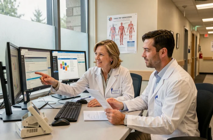 Deux professionnels de la pharmacie collaborant sur des ressources en ligne dans un espace de travail médical