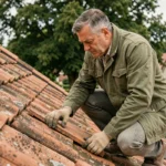 Propriétaire inspectant les tuiles de sa toiture en maison individuelle pour une évaluation avant assurance habitation