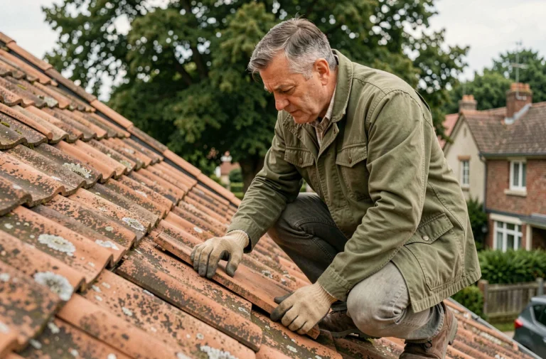 Propriétaire inspectant les tuiles de sa toiture en maison individuelle pour une évaluation avant assurance habitation