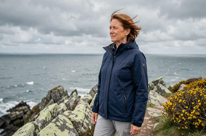 Femme en randonnée sur les falaises de granit de la côte bretonne avec vue sur l'Atlantique