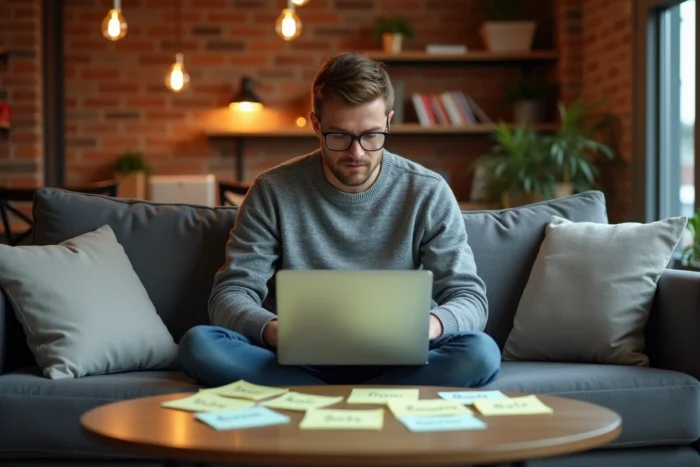 Spécialiste SEO travaillant sur une recherche de mots clés dans un espace de co-working moderne avec des notes manuscrites