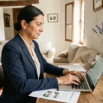 Femme agent immobilier rédigeant une annonce immobilière percutante sur ordinateur dans un appartement provençal à Aix-en-Provence