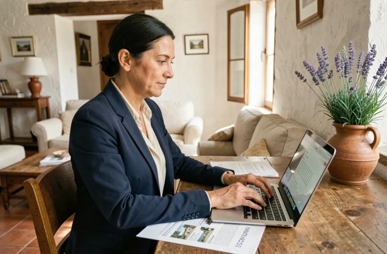 Femme agent immobilier rédigeant une annonce immobilière percutante sur ordinateur dans un appartement provençal à Aix-en-Provence