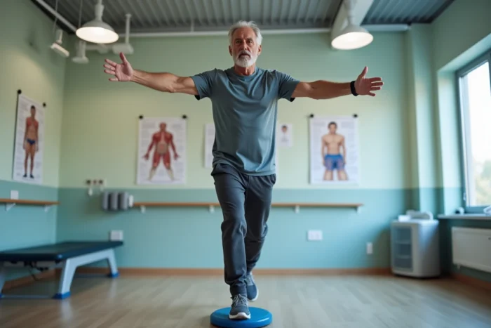 Patient adulte en rééducation neurologique pratiquant des exercices d'équilibre dans une clinique de physiothérapie