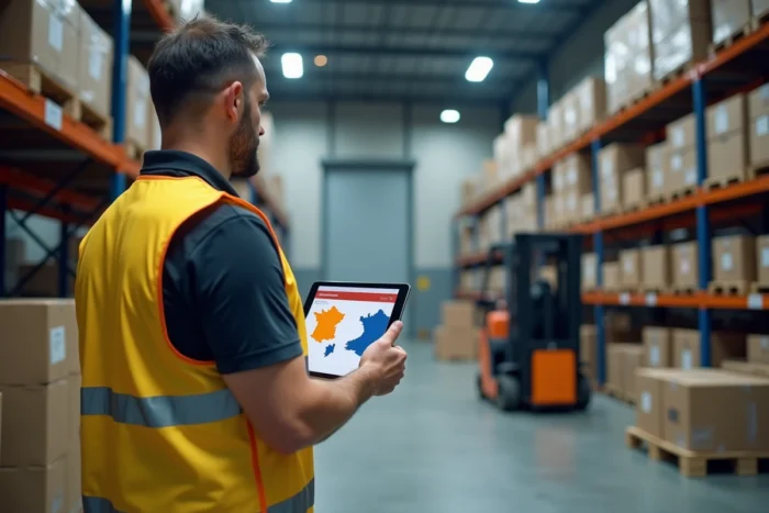 Un responsable logistique dans un entrepôt régional consultant une carte des chaînes d'approvisionnement régionalisées sur tablette