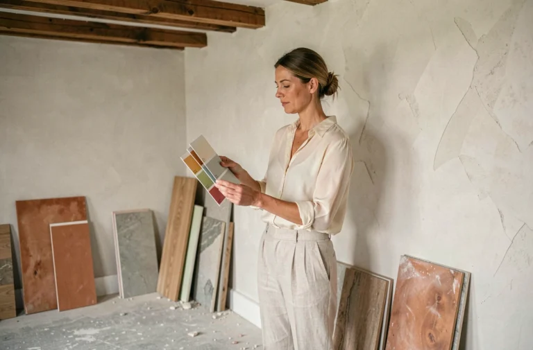 Femme consultant des échantillons de peinture et de matériaux dans une maison en cours de rénovation avec poutres apparentes