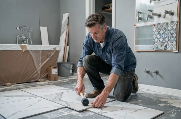 Artisan posant des carreaux grand format en marbre dans une salle de bain en rénovation avec baignoire îlot