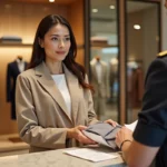 Femme effectuant un retour de vêtement au comptoir service client des Galeries Lafayette