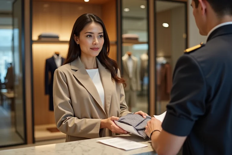 Femme effectuant un retour de vêtement au comptoir service client des Galeries Lafayette