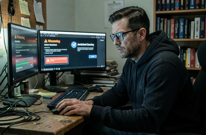 Homme face à des alertes de sécurité sur ordinateur illustrant les risques du streaming illégal