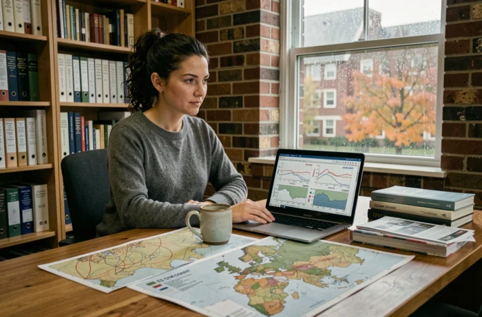 Scientifique en météorologie comparant les prévisions GFS et ECMWF sur des cartes synoptiques imprimées dans un bureau universitaire