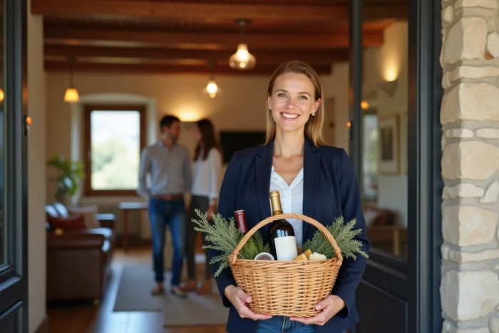 Une professionnelle de conciergerie accueillant des clients à l'entrée d'un appartement de location saisonnière décoré avec soin