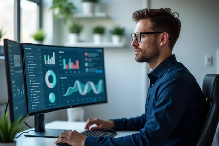 Un data scientist devant des tableaux de bord d'intelligence artificielle explicable destinés à des clients B2B