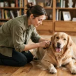 Femme brossant son golden retriever dans un salon chaleureux pour prendre soin de son pelage au quotidien