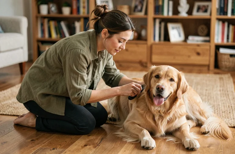 Femme brossant son golden retriever dans un salon chaleureux pour prendre soin de son pelage au quotidien