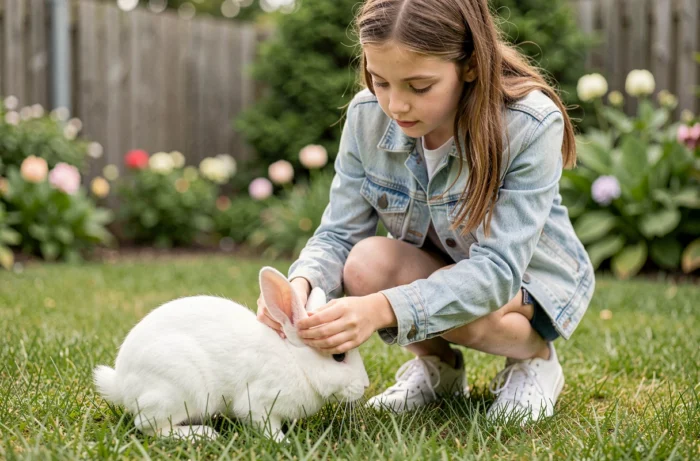 Adolescente prenant soin de son lapin blanc dans un jardin verdoyant, relation affectueuse avec un animal de compagnie