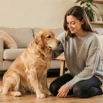 Jeune femme brossant son golden retriever dans un salon chaleureux, soin quotidien de l'animal de compagnie