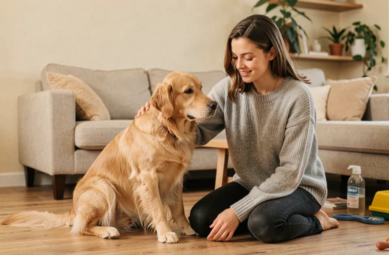 Jeune femme brossant son golden retriever dans un salon chaleureux, soin quotidien de l'animal de compagnie