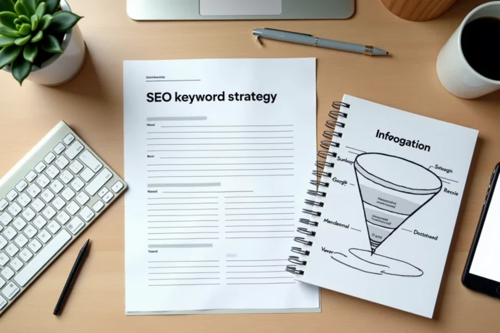 Vue aérienne d'un bureau avec des documents de stratégie de mots clés SEO, un rapport imprimé et un smartphone affichant Google