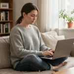Jeune femme utilisant une plateforme de streaming légale sur son ordinateur portable dans un salon moderne