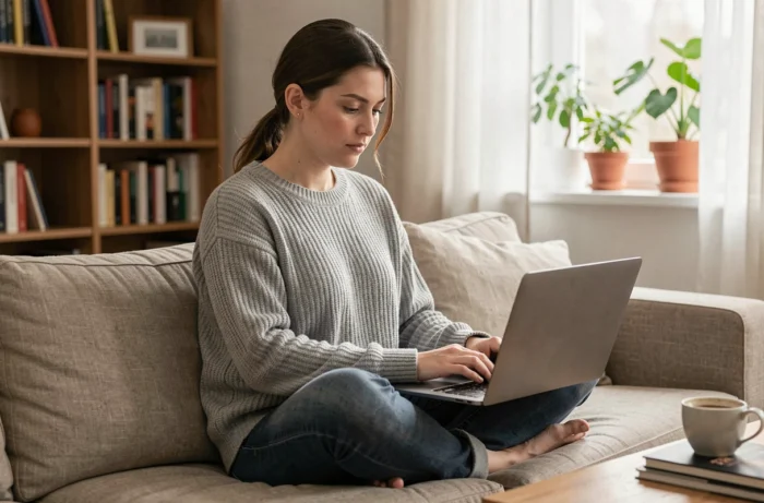 Jeune femme utilisant une plateforme de streaming légale sur son ordinateur portable dans un salon moderne