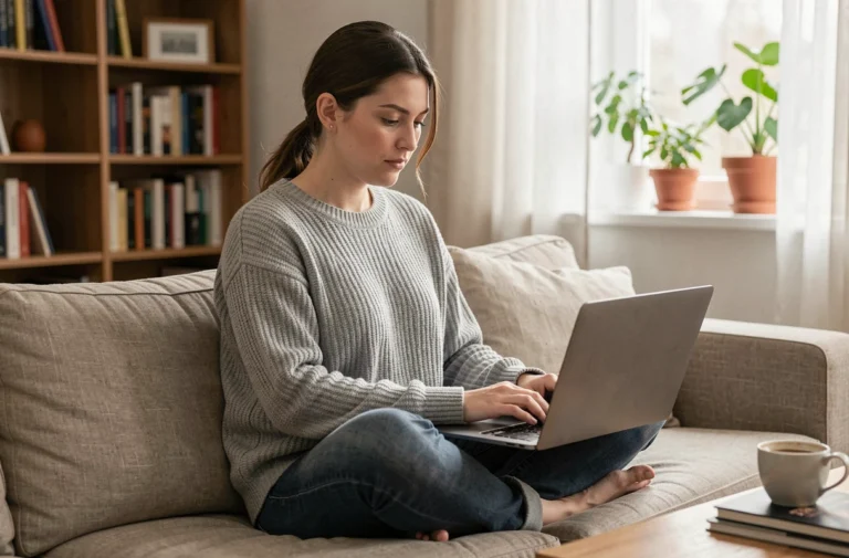 Jeune femme utilisant une plateforme de streaming légale sur son ordinateur portable dans un salon moderne