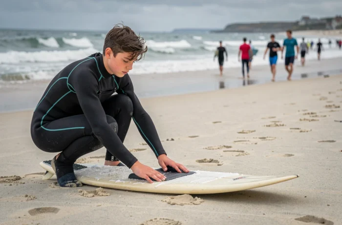 Adolescent préparant sa planche de surf sur une plage bretonne avant de prendre les vagues