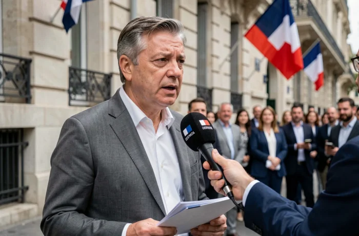 Représentant syndical enseignant s'exprimant devant un bâtiment ministériel parisien sur la fin du pacte enseignant