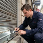 Technicien spécialisé en dépannage de rideau métallique inspectant un store de commerce en façade urbaine