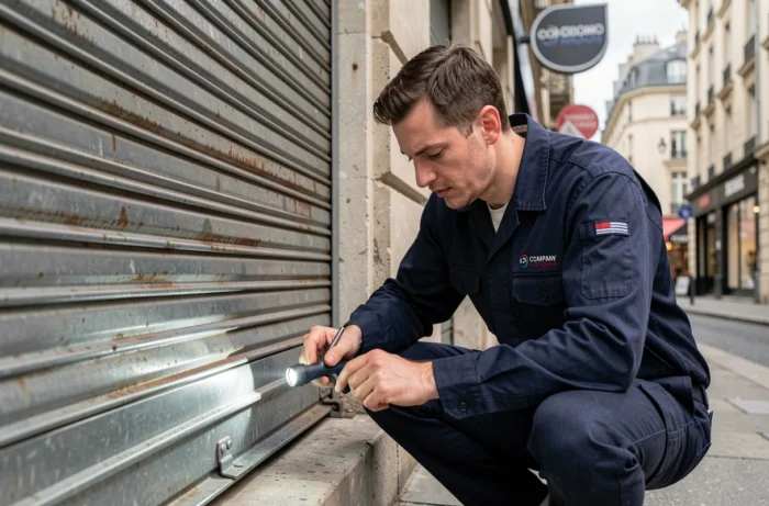 Technicien spécialisé en dépannage de rideau métallique inspectant un store de commerce en façade urbaine