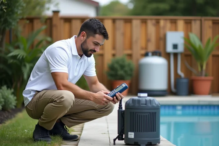 Technicien installant et vérifiant un système de traitement au magnésium pour piscine