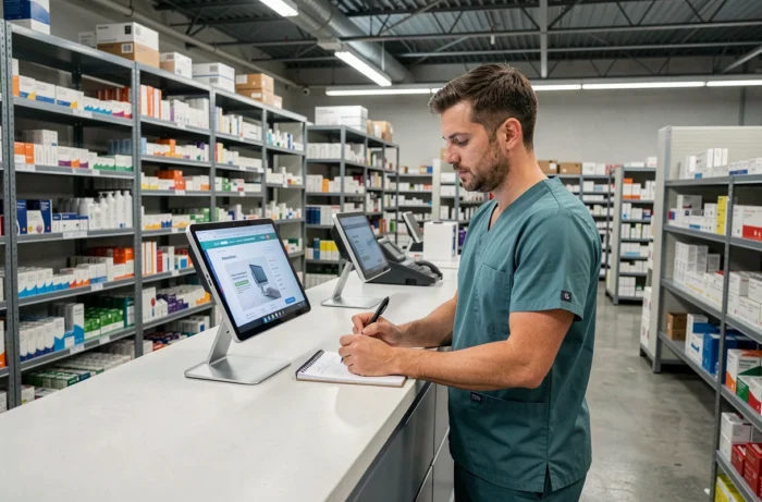 Technicien en pharmacie consultant une formation en ligne sur tablette dans une réserve pharmaceutique