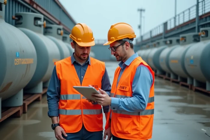 Deux techniciens en tenue de sécurité consultant un logiciel de gestion de codes produits gaziers sur tablette dans un entrepôt industriel