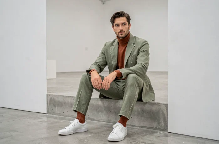 Homme en costume lin déstructuré vert sauge assis dans une galerie minimaliste, tendance mode insolite