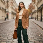Femme portant un blazer camel oversize et un pantalon large vert forêt dans une rue pavée parisienne, look tendance automne