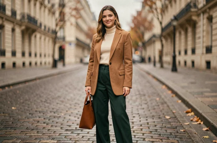 Femme portant un blazer camel oversize et un pantalon large vert forêt dans une rue pavée parisienne, look tendance automne