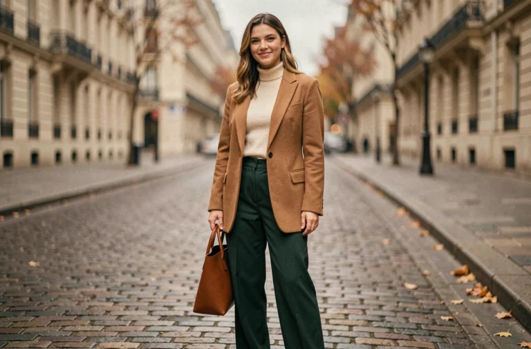 Femme portant un blazer camel oversize et un pantalon large vert forêt dans une rue pavée parisienne, look tendance automne